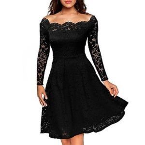 Black lace boatneck swing dress
